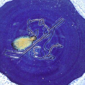 Vintage MCM Blue Studio Art Pottery Plate Bowl Charger w Devil BAUER Sgraffito